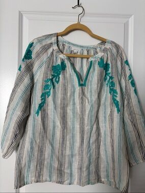 J. Jill Cream Striped Tunic with Teal Floral Embroidery